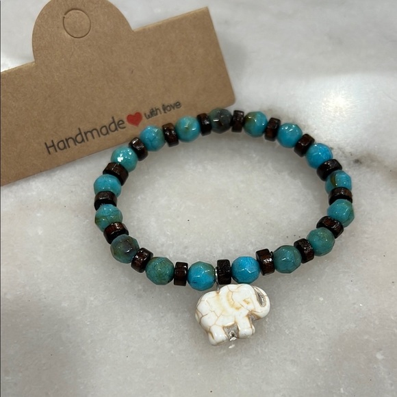 Turquoise and Brown Beaded Bracelet with Elephant Charm - Picture 1 of 3
